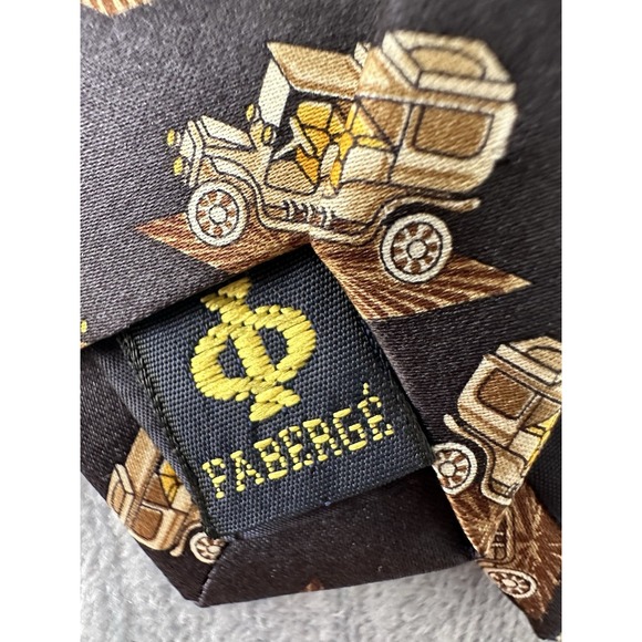 Vintage Fabergé‎ Silk Tie 4" Wide Antique Car Print Handmade in USA - Picture 4 of 5